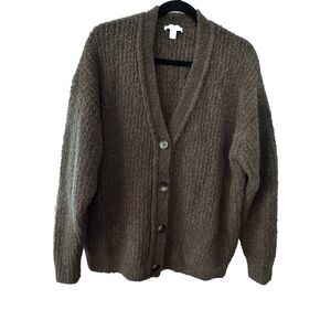 TOPSHOP Cardigan, Moss Green Bouclé Knit Wool Blend, Oversized Boyfriend Fit S